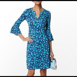 Lilly Pulitzer Blue & Green Floral Print Bell Sleeve Silk Blend Size S